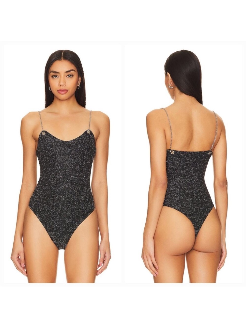 superdown Black Glitter Chain Strap Bodysuit